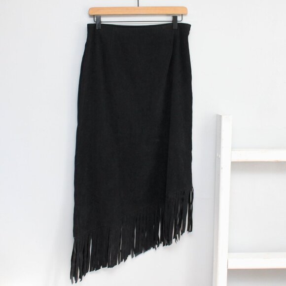 Denim&Co Dresses & Skirts - Denim & Co VTG Black Faux Suede Asymmetrical Fringe Hem Midi Skirt Size Medium